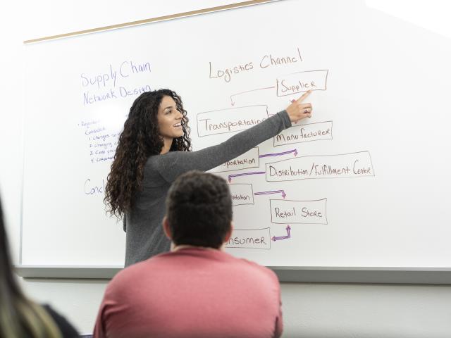 Student presents her work on a whiteboard in a Supply Chain Operations course.